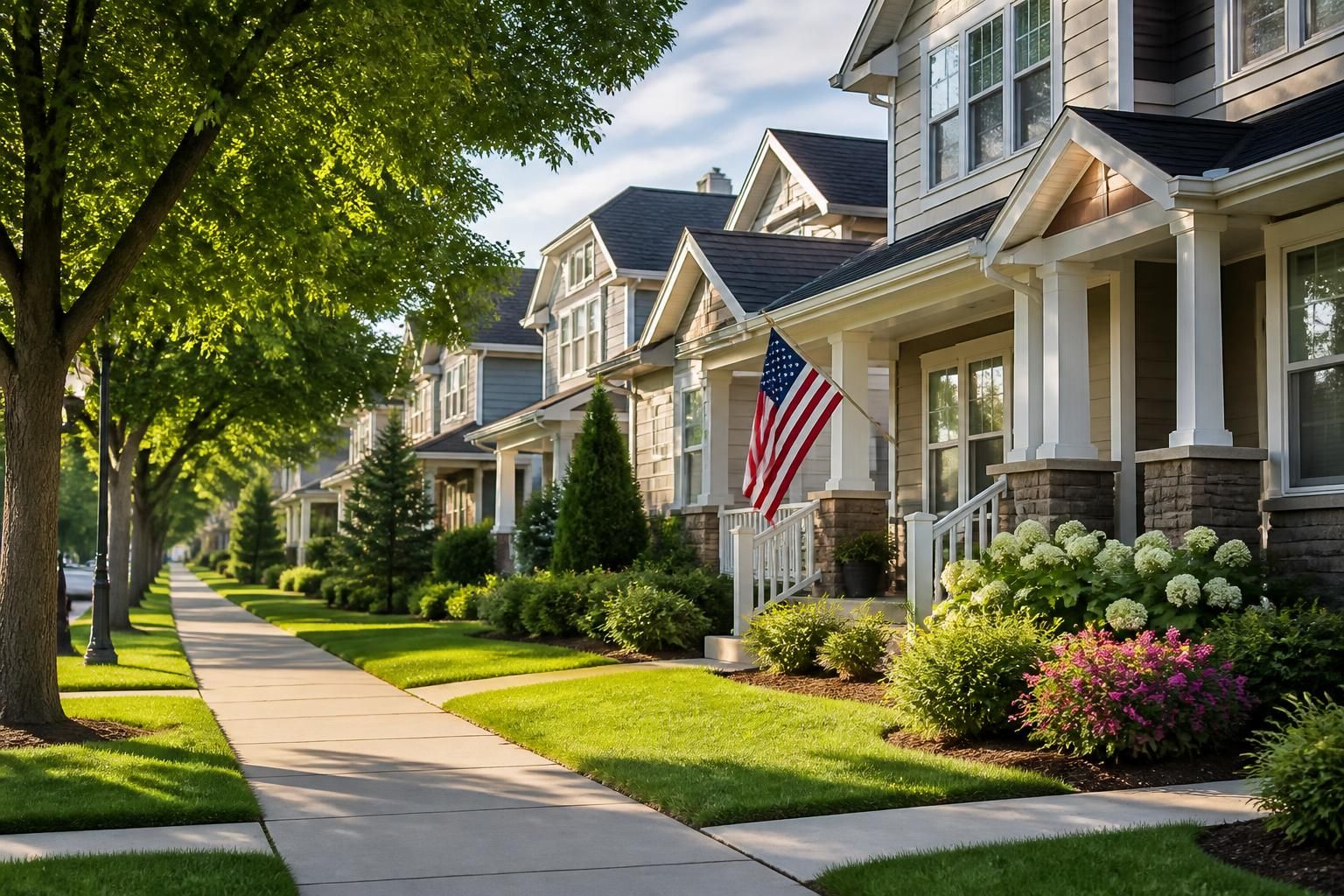 A tidy suburban neighborhood with manicured lawns and soft light.