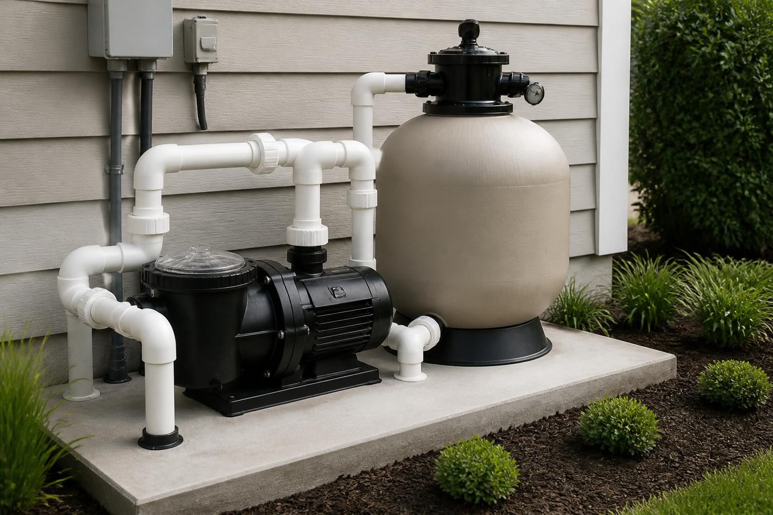 A clean pool equipment pad with a repaired pump and filter.
