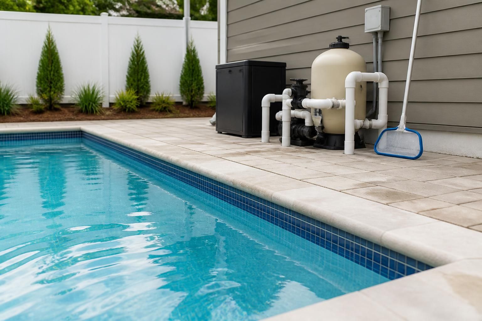 A clean pool ready for inspection with tidy equipment and clear water.