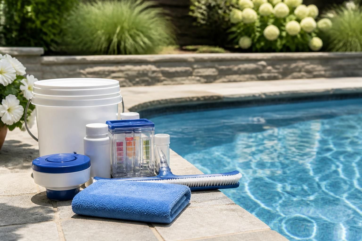 Neatly arranged pool maintenance supplies beside a sparkling pool.