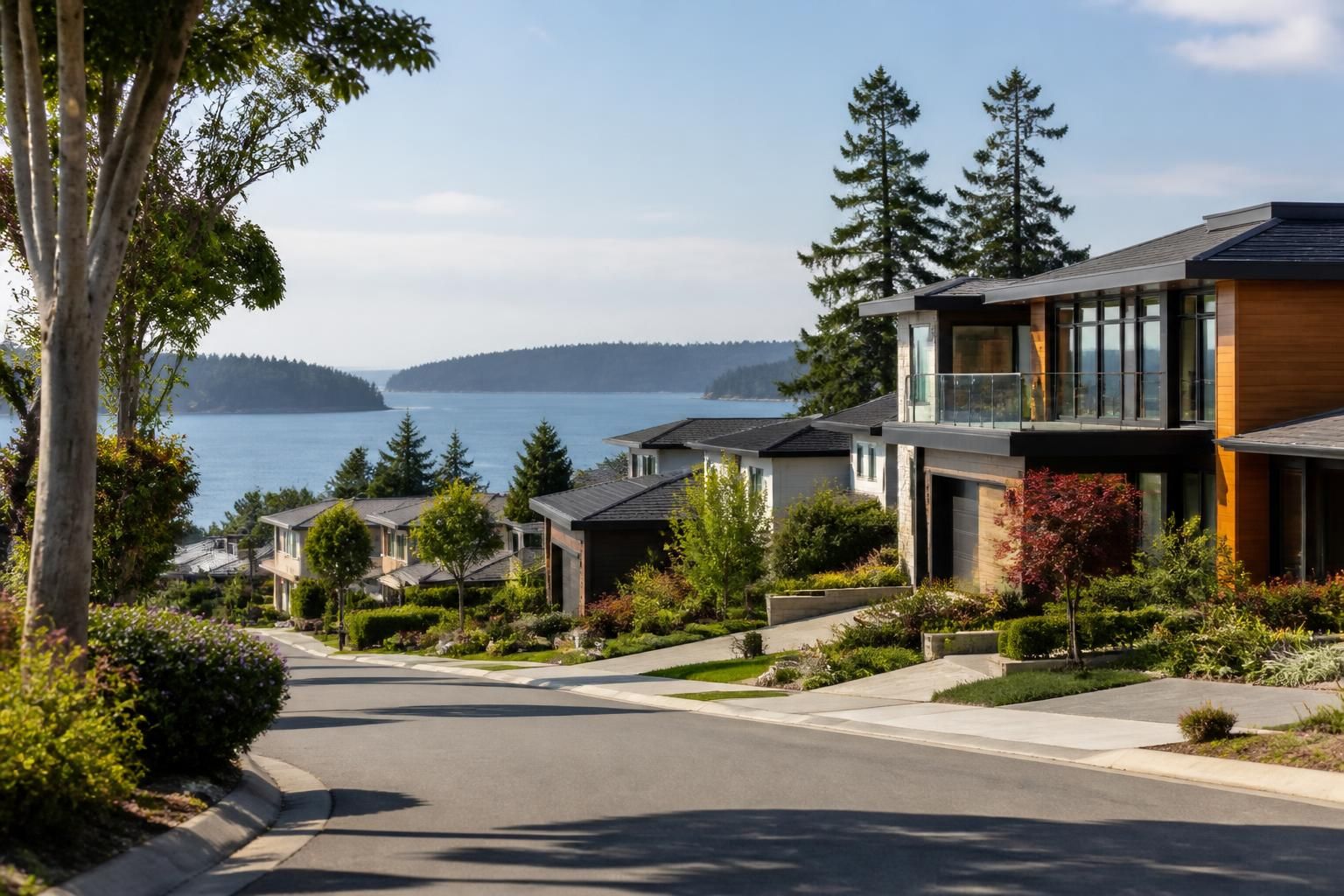 A neighborhood near the water with modern homes and lush greenery.