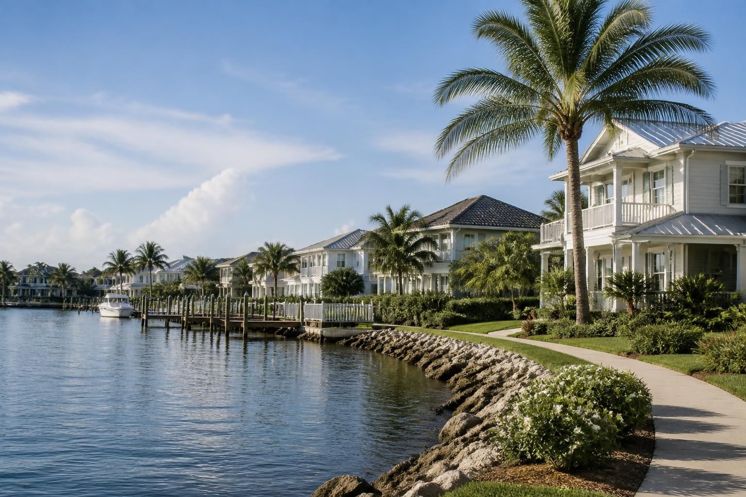 A welcoming waterfront neighborhood with well-kept homes and palm trees.