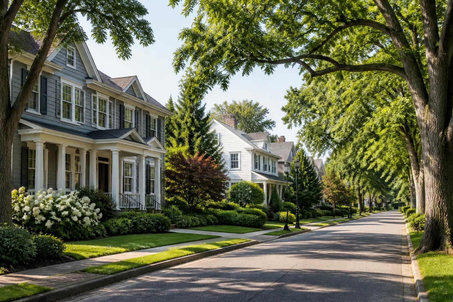 A tree-lined residential street with well-kept homes and mature landscaping.