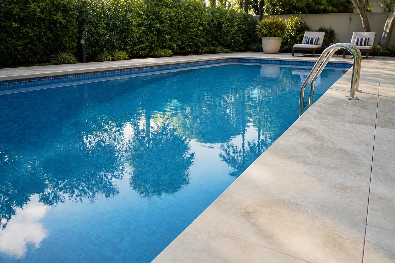 A sparkling clean pool with still blue water and a tidy deck.