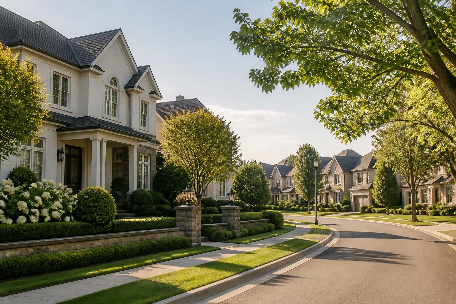 A planned community with elegant homes and trimmed hedges.